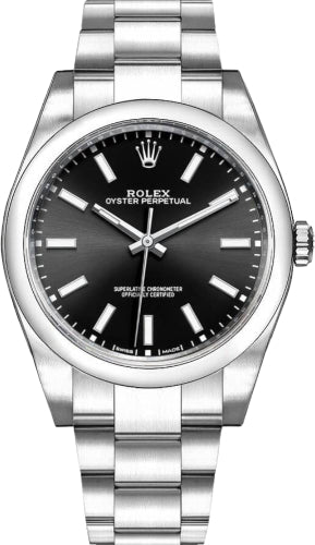 Rolex Steel Oyster Perpetual 39 Watch - Domed Bezel - Black Index Dial - 114300