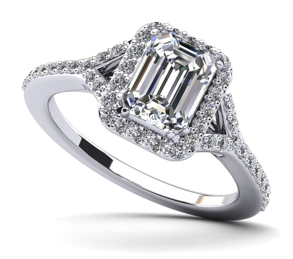 Emerald Cut Halo Diamond Engagement Ring with Split Shank Diamond with 0.95 ct. (0.70 ct. center diamond) - Luxury Time NYC