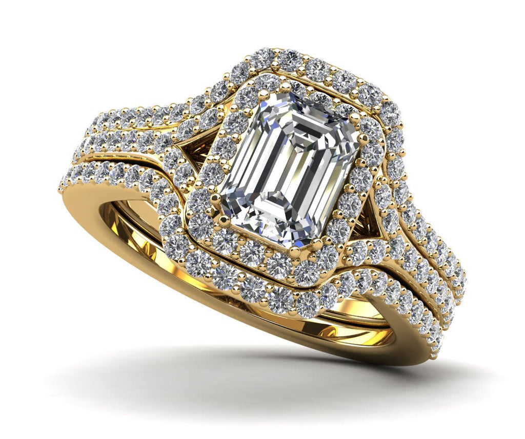 Emerald Cut Halo Diamond Wedding Set Ring with Split Shank Diamond with 1.25 ct. (0.70 ct. center diamond) - Luxury Time NYC