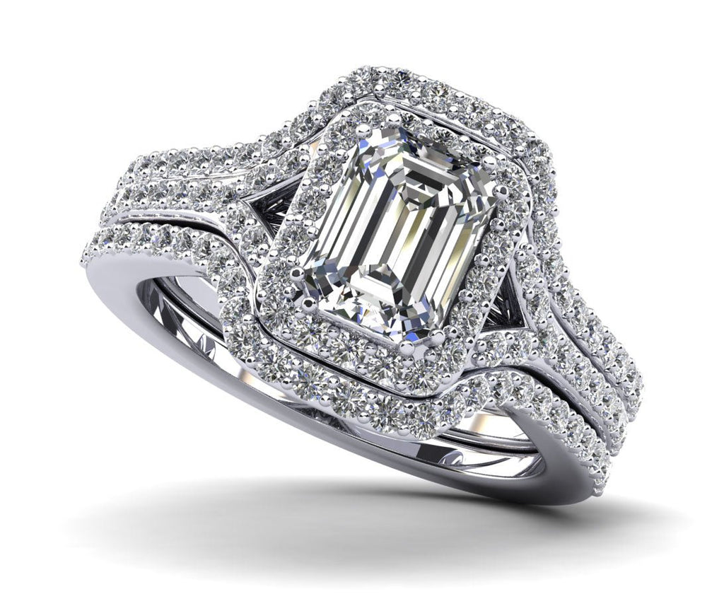 Emerald Cut Halo Diamond Wedding Set Ring with Split Shank Diamond with 3.25 ct. (2.00 ct. center diamond) - Luxury Time NYC