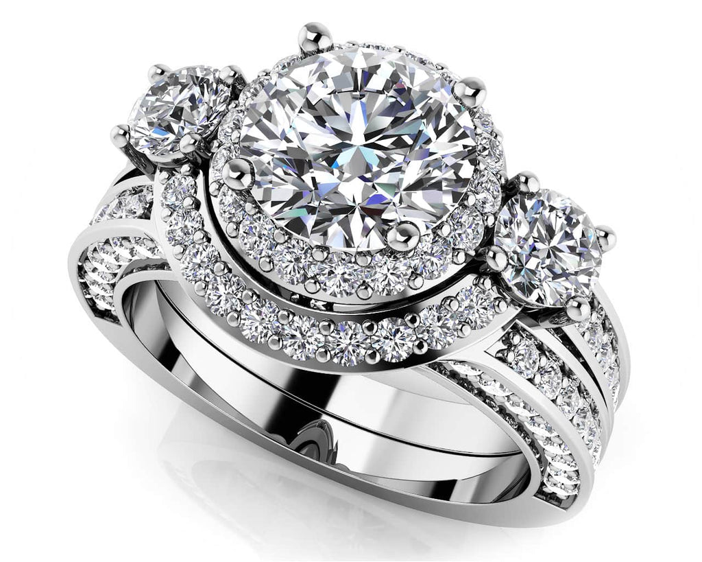 Exquisite Three Stone Diamond Halo Bridal Set Diamond with 2.21 ct. (1.00 ct. center diamond) - Luxury Time NYC