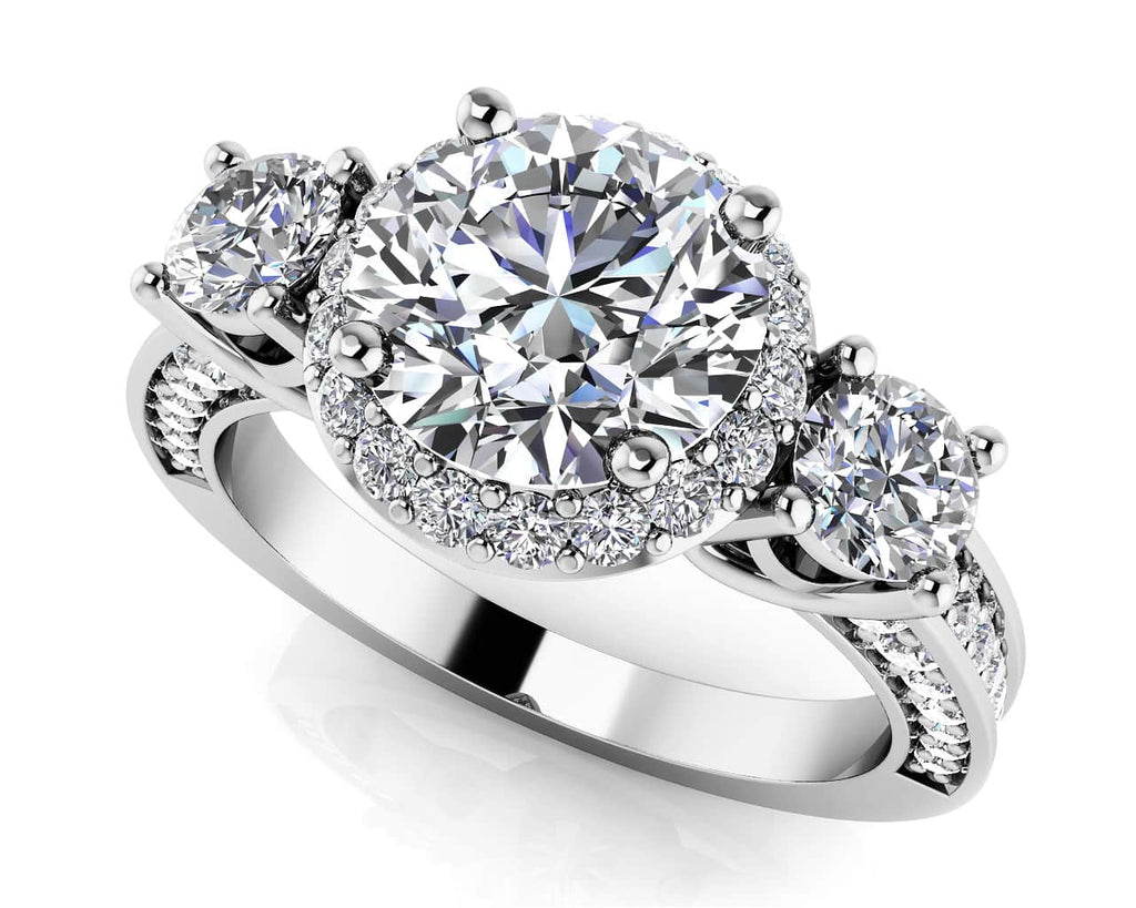 Exquisite Three Stone Diamond Halo Diamond Engagement Ring with 1.12 ct. (0.50 ct. center diamond) - Luxury Time NYC