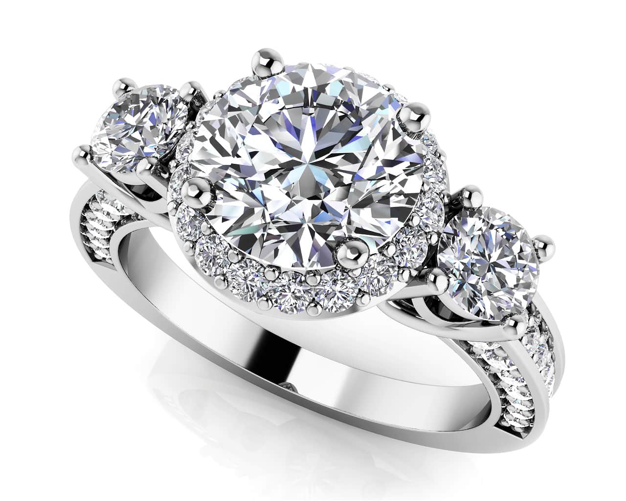 Exquisite Three Stone Diamond Halo Diamond Engagement Ring with 1.44 ct. (0.75 ct. center diamond) - Luxury Time NYC