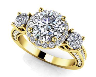 Exquisite Three Stone Diamond Halo Lab - Grown Diamond Engagement Ring with 2.51 ct. (1.50 ct. center diamond) - Luxury Time NYC