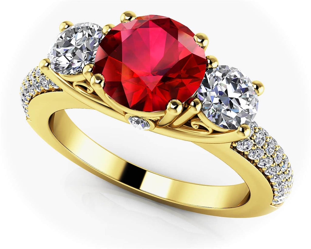 Forever Yours Three Stone Diamond Ring with 1.11 ct.(finished) Ruby - Luxury Time NYC