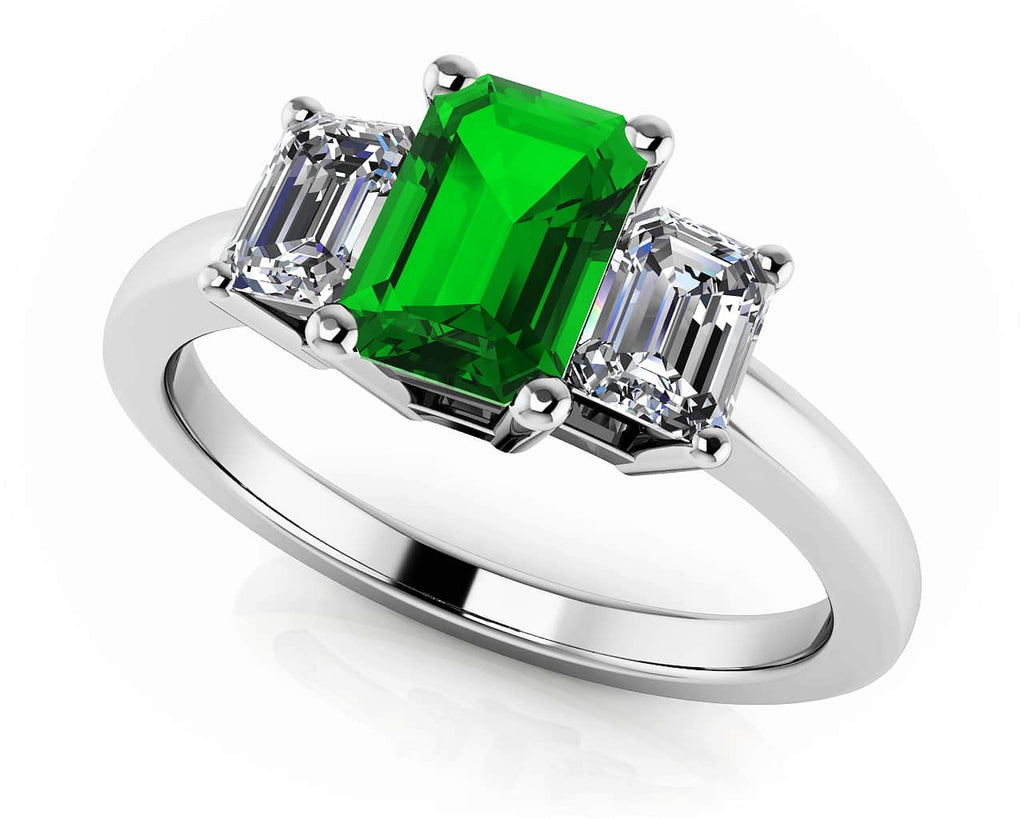 Glorious Three Stone Diamond Ring with 1.10 ct.(finished) 6x4mm, 4x3mm Emerald - Luxury Time NYC