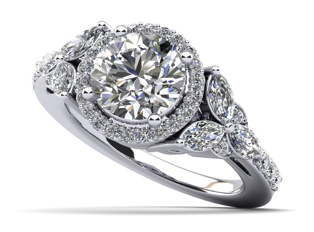 Halo Flower Engagement Ring with Round and Marquise Diamonds Diamond with 0.90 ct. (0.50 ct. center diamond) - Luxury Time NYC