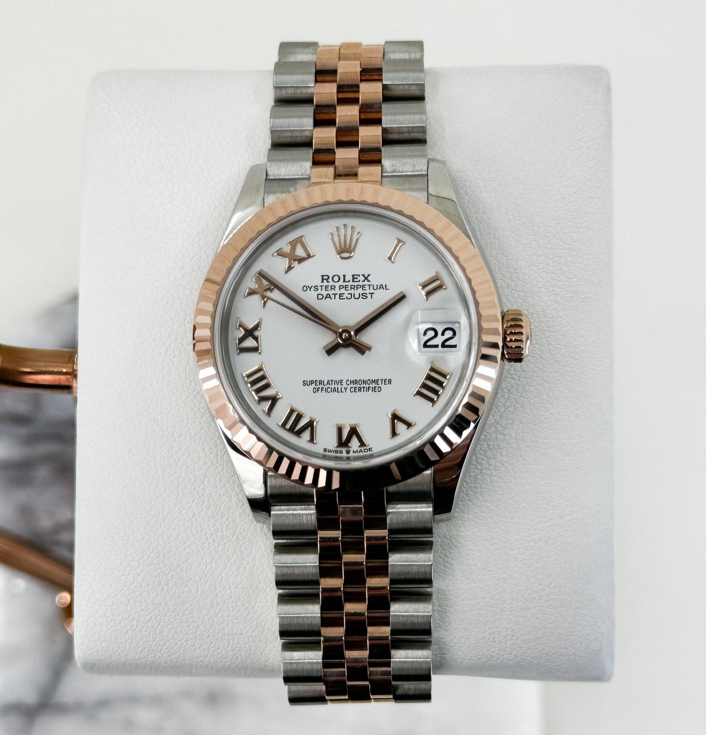 Rolex Lady-Datejust 31 Rose Gold/Steel White Roman Dial & Fluted Bezel Jubilee Bracelet 278271