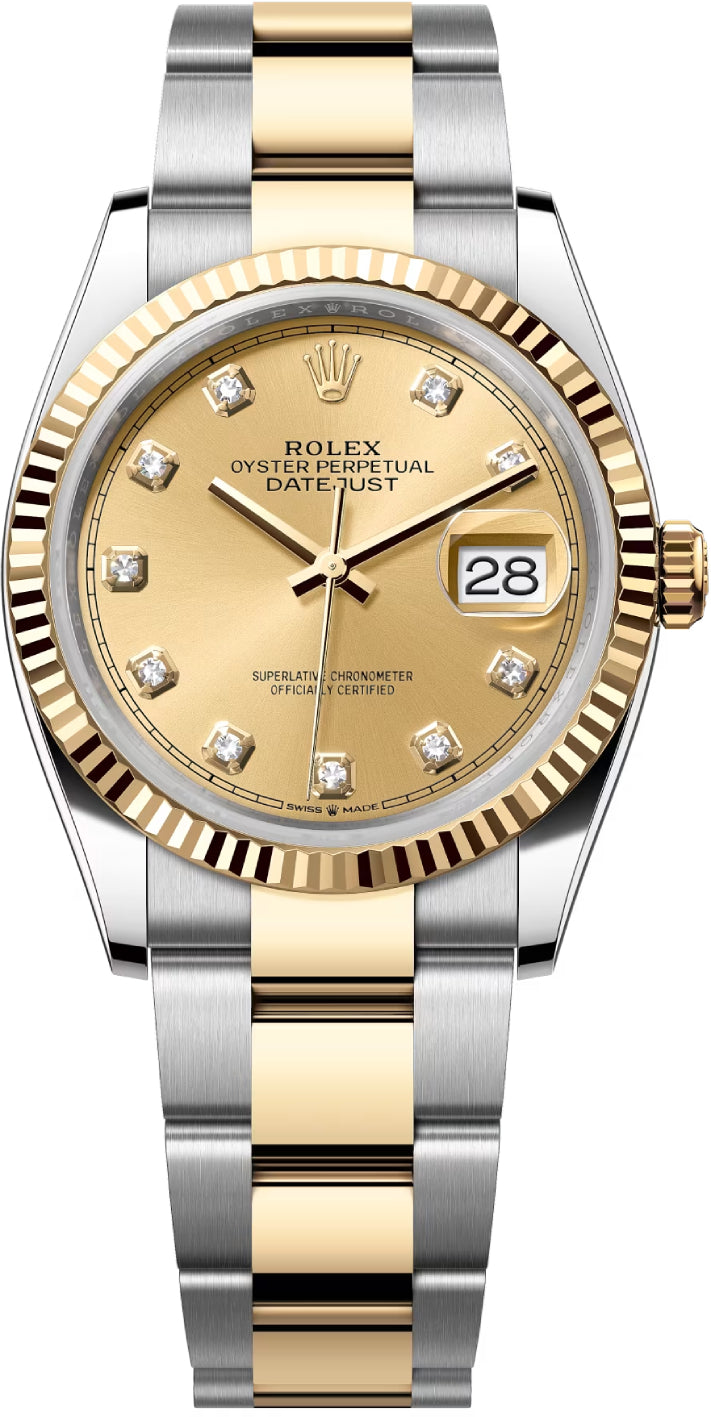 Rolex Datejust 36 Yellow Gold/Steel Champagne Diamond Dial & Fluted Bezel Oyster Bracelet 126233