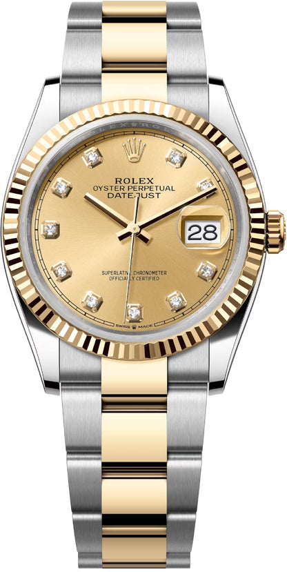 Rolex Datejust 36 Yellow Gold/Steel Champagne Diamond Dial & Fluted Bezel Oyster Bracelet 126233