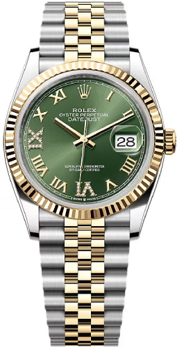 Rolex Datejust 36 Yellow Gold/Steel Olive Green Roman Diamond VI Dial & Fluted Bezel Jubilee Bracelet 126233