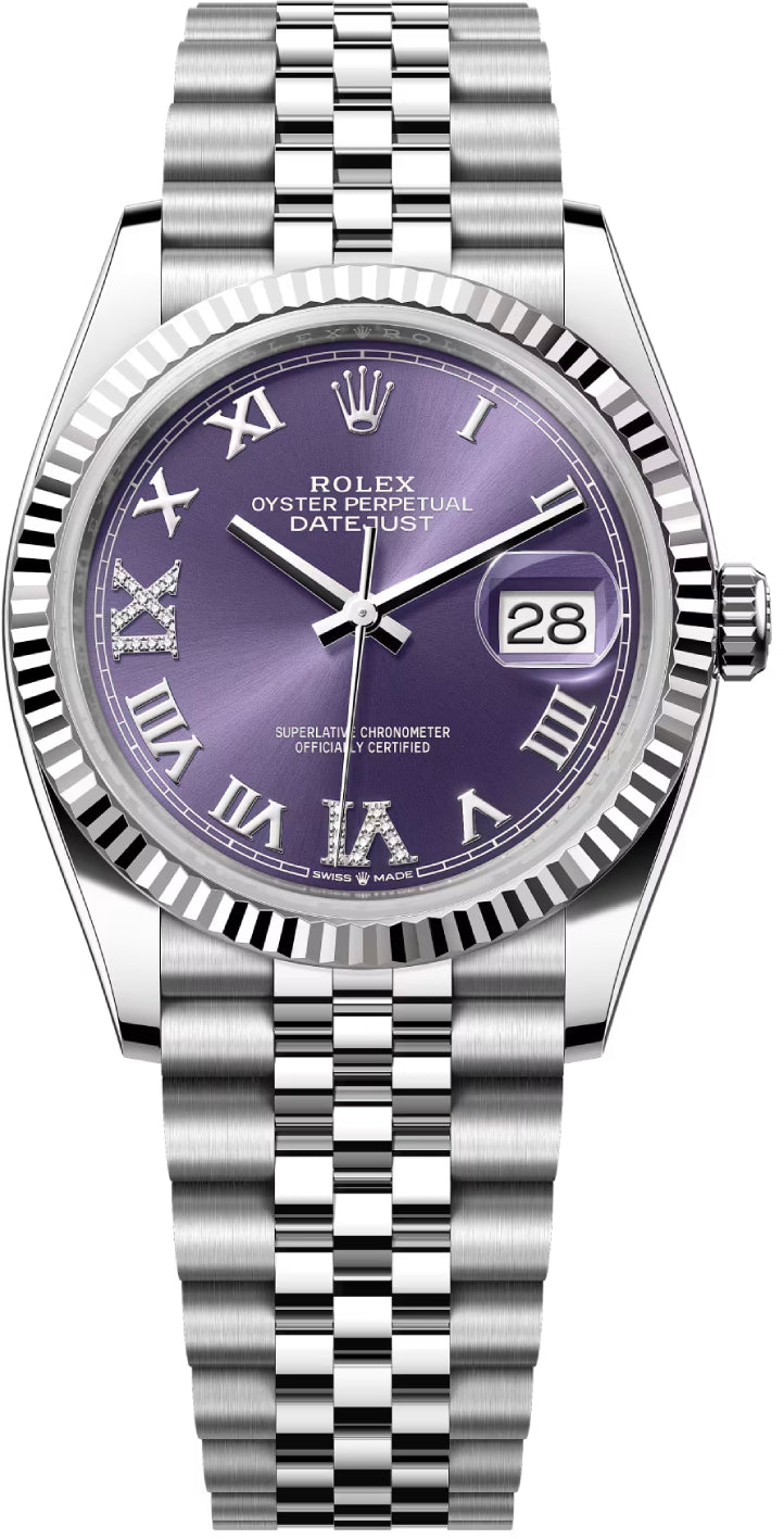 Rolex Datejust 36 White Gold/Steel Aubergine Roman & Diamond Dial & Fluted Bezel Jubilee Bracelet 126234