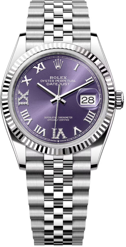 Rolex Datejust 36 White Gold/Steel Aubergine Roman & Diamond Dial & Fluted Bezel Jubilee Bracelet 126234