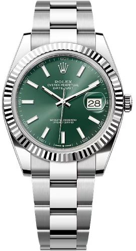 Rolex White Rolesor Datejust 41 Watch - Fluted Bezel - Mint Green Index Dial - Oyster Bracelet - 126334