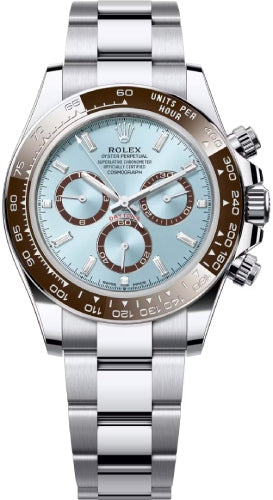 Rolex Platinum Cosmograph Daytona - Chestnut Brown Cerachrom Bezel - Ice Blue 8 Baguette Diamond Dial - Oyster Bracelet - 126506