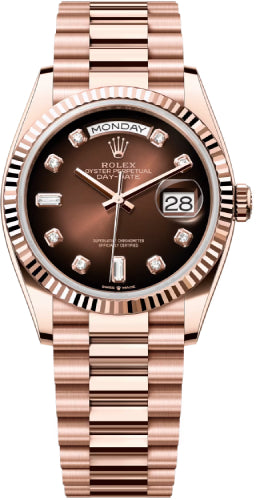 Rolex Day-Date 36 Rose Gold Brown Ombre Diamond Dial & Fluted Bezel President Bracelet 128235