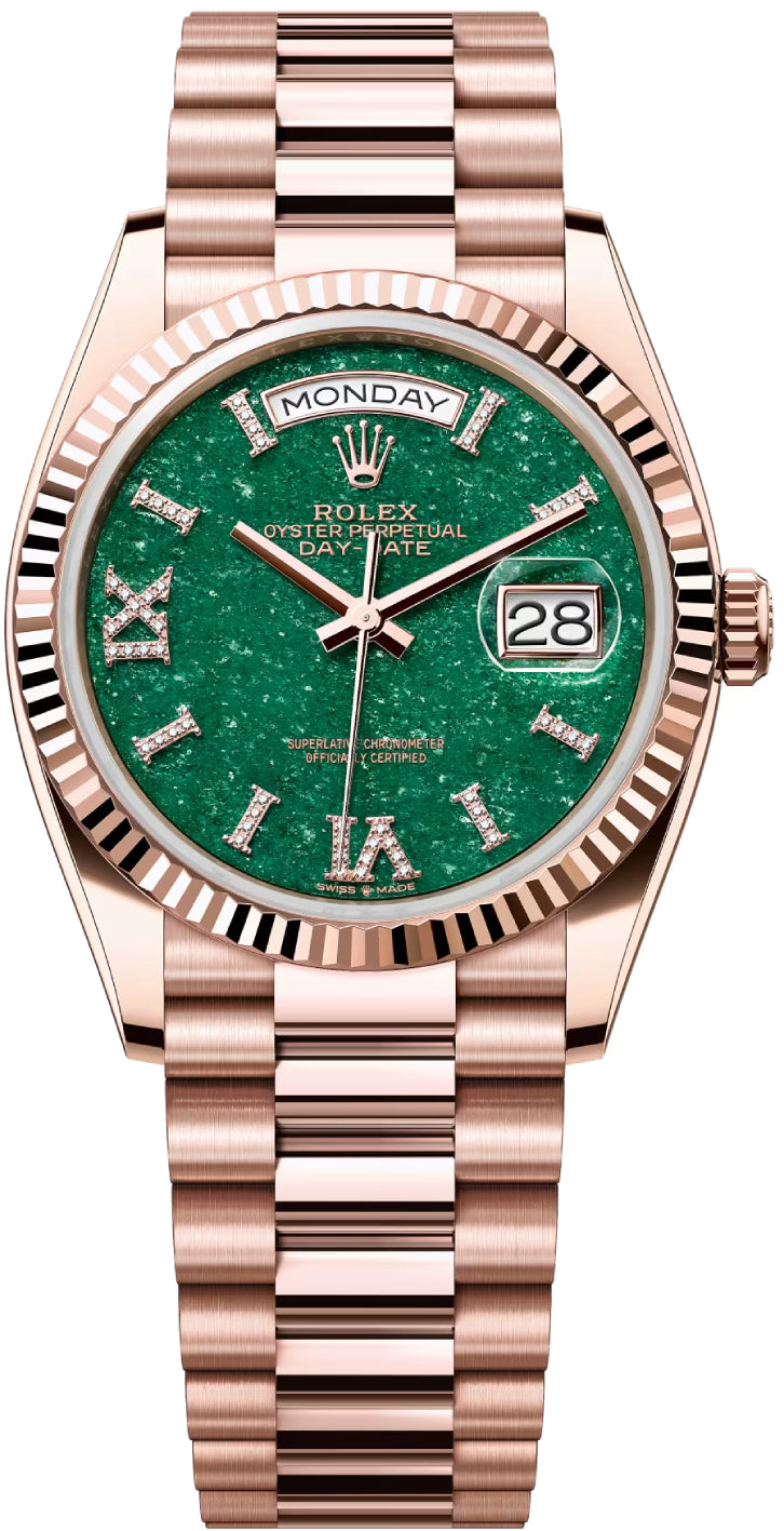Rolex Day-Date 36 mm President Rose Gold Green Aventurine Diamond Dial Fluted Bezel - 128235
