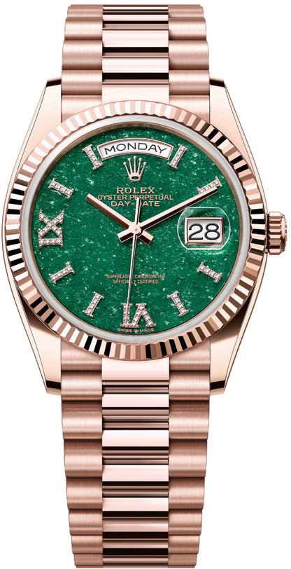 Rolex Day-Date 36 mm President Rose Gold Green Aventurine Diamond Dial Fluted Bezel - 128235