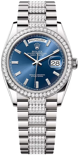 Rolex Day-Date 36 36mm Bright Blue Diamond-Set Dial Diamond-Set Bezel with Diamond-Set President Bracelet - 128349RBR