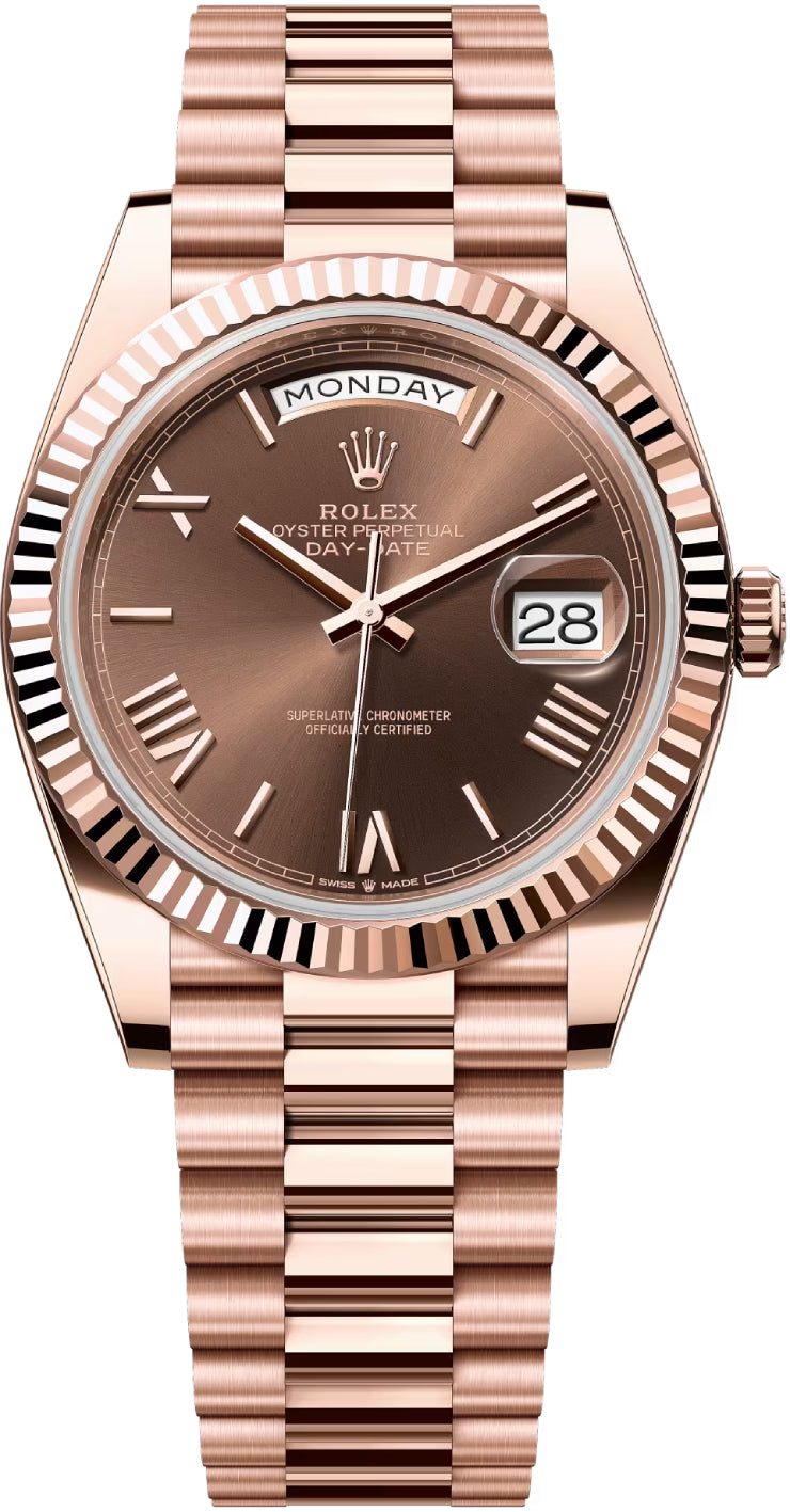 Rolex Day-Date 40 Rose Gold Chocolate Roman Dial & Fluted Bezel President Bracelet 228235 -