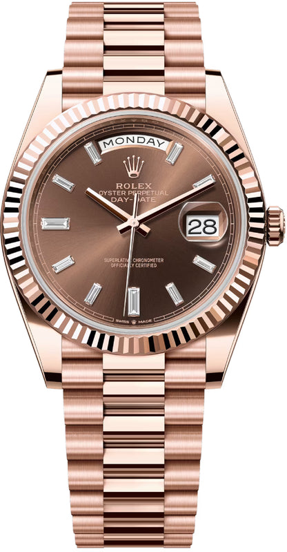 Rolex Day-Date 40 Rose Gold Chocolate Diamond Dial & Fluted Bezel President Bracelet 228235 -
