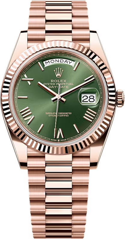 Rolex Day-Date 40 Rose Gold Olive Green Roman Dial & Fluted Bezel President Bracelet 228235 -