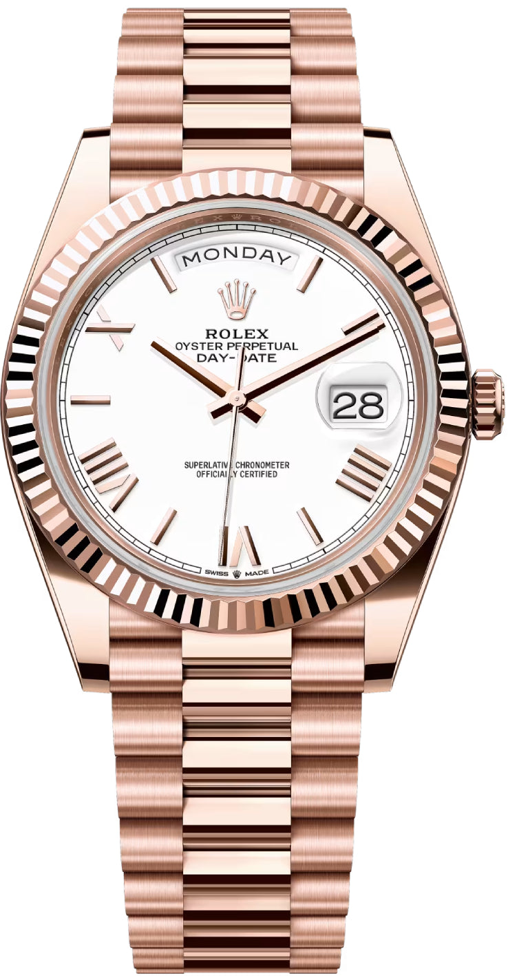 Rolex Day-Date 40 Rose Gold White Roman Dial & Fluted Bezel President Bracelet 228235 -