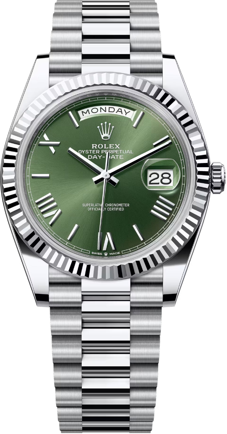 Rolex Day-Date 40 Platinum Olive Green Roman Dial & Smooth Bezel President Bracelet 228206 -