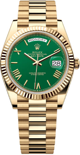 Rolex Day-Date 40 Yellow Gold Watch - Fluted Bezel - Green Roman Dial - President Bracelet - 228238 grrp