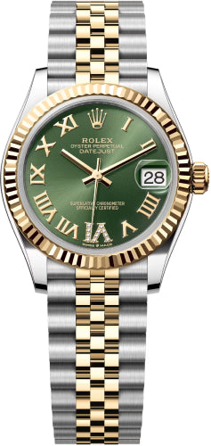 Rolex Lady-Datejust 31 Yellow Gold/Steel Olive Green Roman Diamond VI Dial & Fluted Bezel Jubilee Bracelet 278273