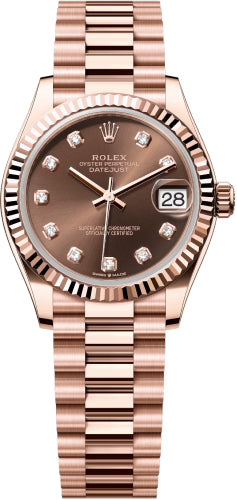 Rolex Datejust 31 Lady Midsize Rose Gold Chocolate Diamond Dial & Fluted Bezel President Bracelet 278275