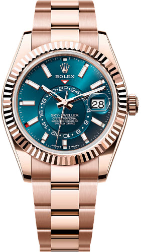 Rolex Everose Gold Sky-Dweller Watch - Fluted Ring Command Bezel - Blue-Green Index Dial - Oyster Bracelet