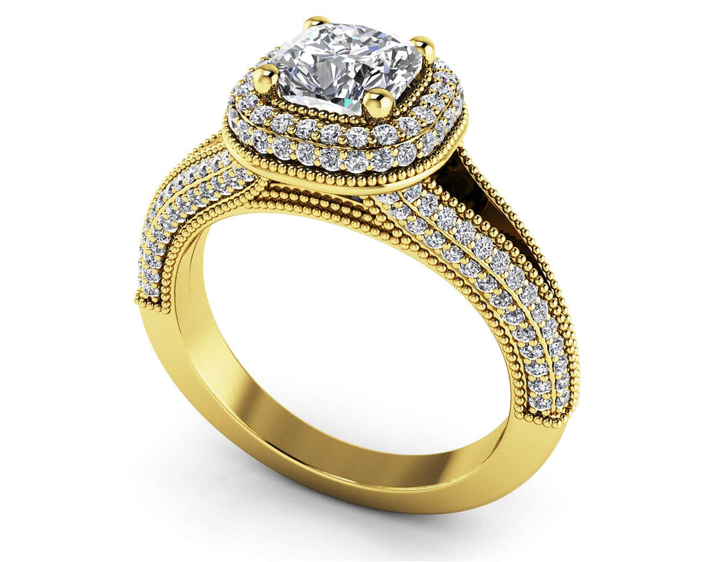 Milgrain Cushion Cut Halo Ring Diamond with 1.14 ct. (0.50 ct. center diamond) - Luxury Time NYC