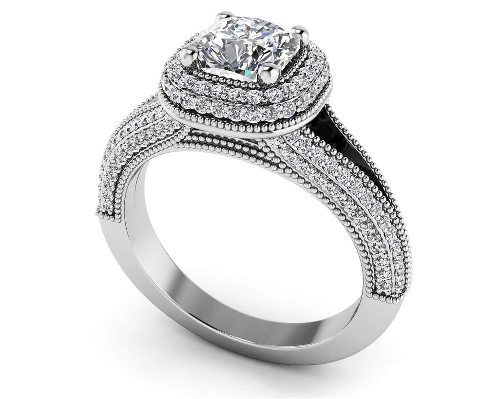 Milgrain Cushion Cut Halo Ring Diamond with 1.14 ct. (0.50 ct. center diamond) - Luxury Time NYC