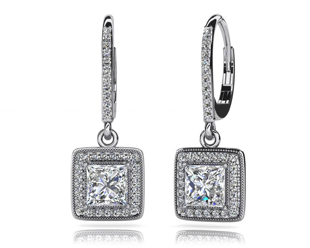 Milgrain Princess Cut Diamond Drop Lab - Grown Diamond Earrings with 0.67 ct. (2X0.16 ct. center diamonds) - Luxury Time NYC