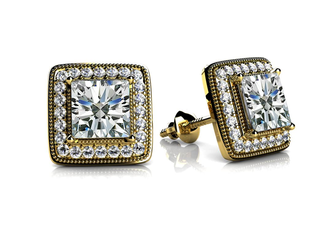 Milgrain Princess Cut Diamond Stud Earrings with 0.52 ct. (2X0.15 ct. center diamonds) - Luxury Time NYC