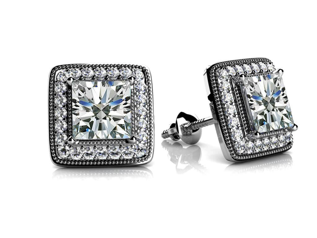 Milgrain Princess Cut Diamond Stud Earrings with 1.94 ct. (2X0.85 ct. center diamonds) - Luxury Time NYC