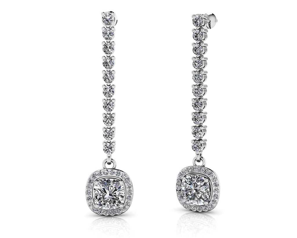 Modern Elegance Cushion Cut Diamond Drop Lab - Grown Diamond Earrings with 4.25 ct.(finished) 1.1mm, 2.3mm, 6.5mm - Luxury Time NYC