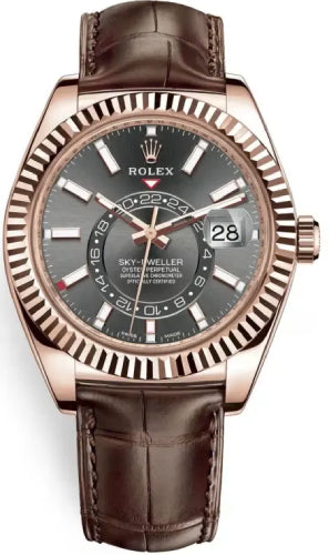Rolex Sky-Dweller Rose Gold Dark Rhodium Index Dial Fluted Bezel Leather Strap 326135