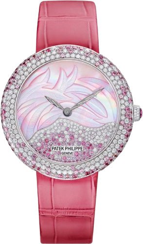 Patek Philippe Calatrava 35.8mm White Gold Mother of Pearl Diamonds Pink Sapphires Set Dial - 4899/900G - 001 - Luxury Time NYC