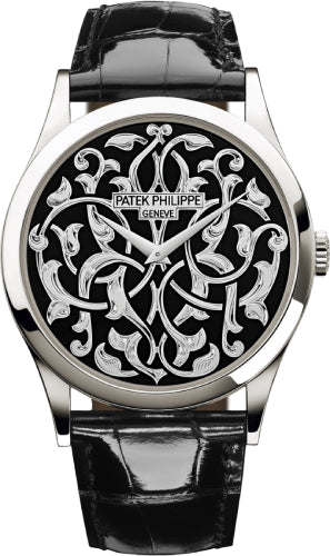 Patek Philippe Calatrava 38 mm Volutes And Arabesques Platinum Black Dial - 5088/100P - 001 - Luxury Time NYC