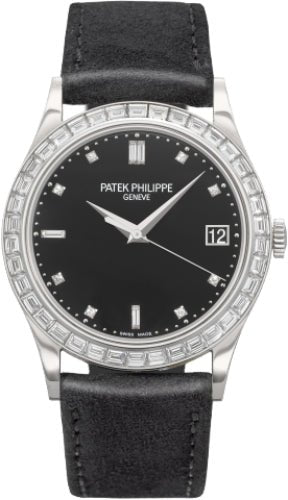 Patek Philippe Calatrava Black Baguette Diamond Bezel Date Platinum Leather | 5298P - 012 - Luxury Time NYC