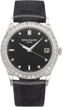 Load image into Gallery viewer, Patek Philippe Calatrava Black Baguette Diamond Bezel Date Platinum Leather | 5298P - 012 - Luxury Time NYC