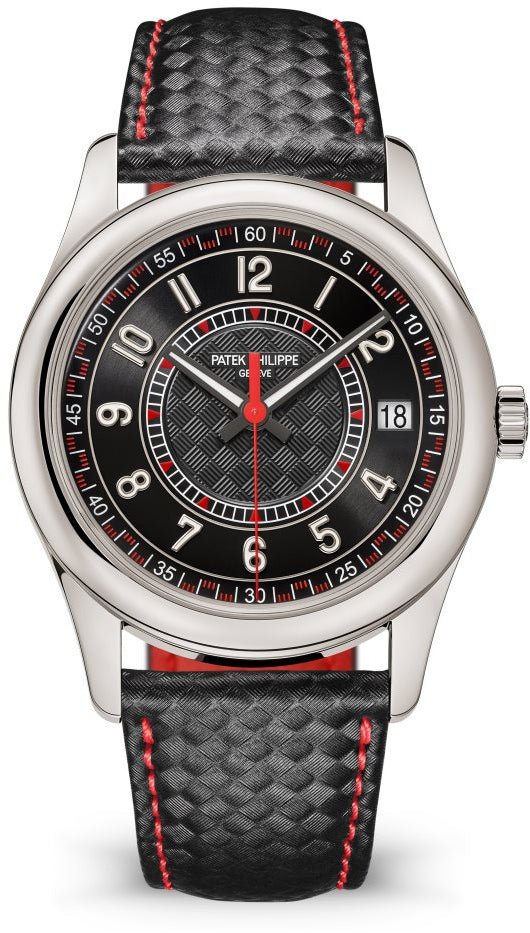 Patek Philippe Calatrava Date Sweep Seconds White Gold Black Carbon Motif Dial Red 6007G-010 - Luxury Time NYC