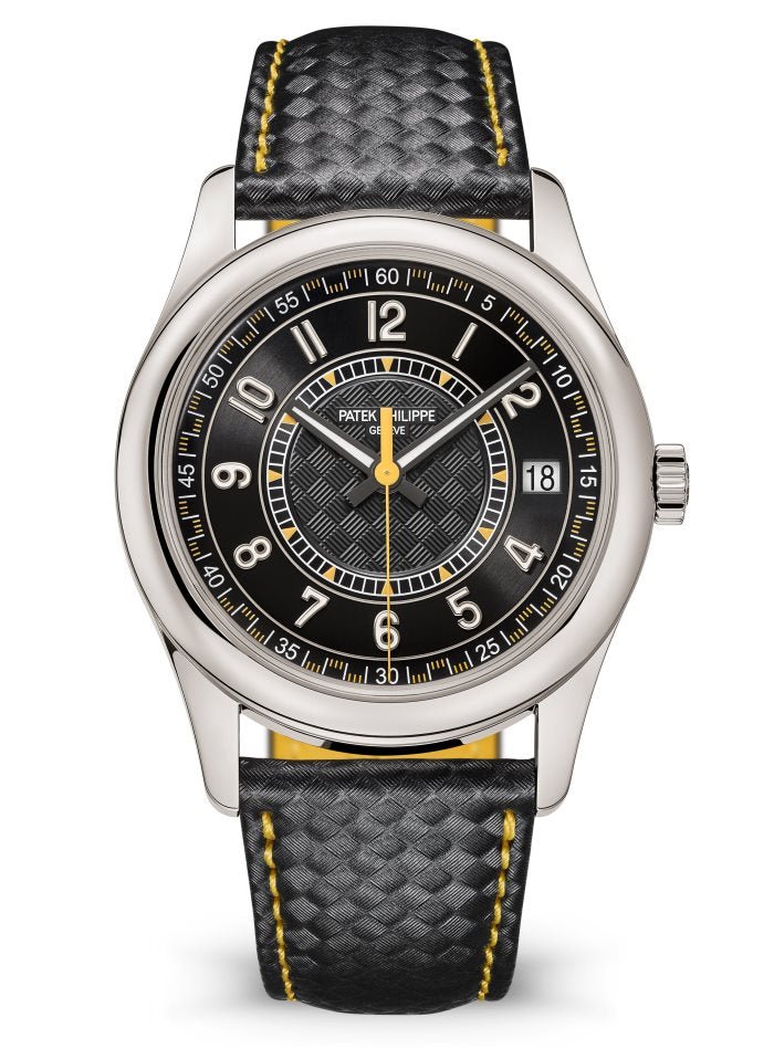 Patek Philippe Calatrava Date Sweep Seconds White Gold Black Carbon Motif Yellow Dial 6007G-001 - Luxury Time NYC