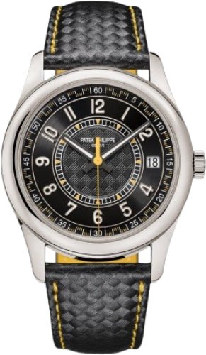 Patek Philippe Calatrava Date Sweep Seconds White Gold Black Carbon Motif Yellow Dial | 6007G - 001 - Luxury Time NYC