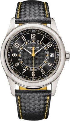 Patek Philippe Calatrava Date Sweep Seconds White Gold Black Carbon Motif Yellow Dial | 6007G - 001 - Luxury Time NYC
