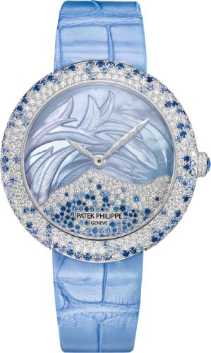 Patek Philippe Calatrava Haute Joaillerie White Gold 35.8mm Mother of Pearl Diamonds Blue Sapphires Dial 4899/901G - 001 - Luxury Time NYC