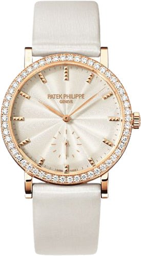 Patek Philippe Calatrava Ladies 31mm Cream Guillouche Diamond Bezel Rose Gold Leather Manual | 7120R - 001 - Luxury Time NYC