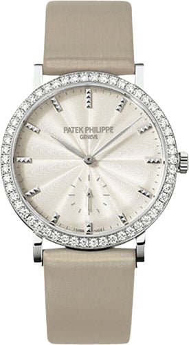 Patek Philippe Calatrava Ladies 31mm Cream Guillouche Diamond Bezel White Gold Leather Manual | 7120G - 001 - Luxury Time NYC